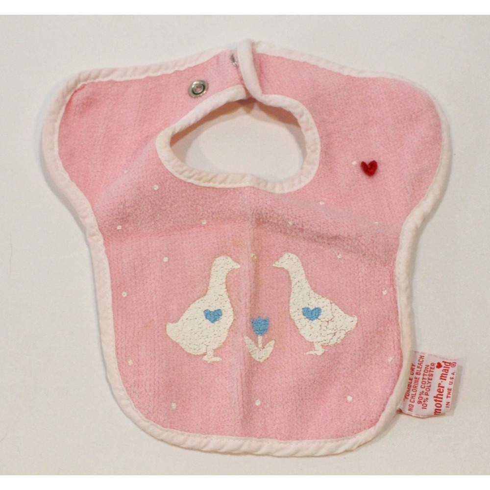 Vintage 1980s Baby Terry Cloth Bib Mother Maid Pink w/ Goose Geese Hearts Flower